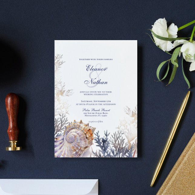 Watercolor Seashell Corals Wedding Invitation (Creator Uploaded)