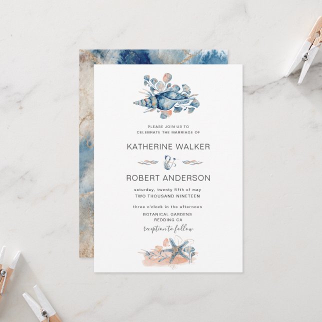 Watercolor Seashell Elegant Coastal Invitation (Front/Back In Situ)