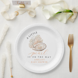Watercolor Seashell Pearl Baby Shower Paper Plate