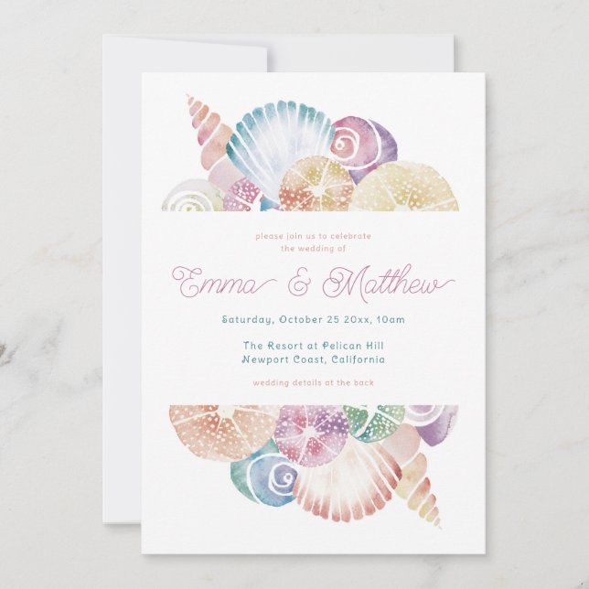 Watercolor Seashell Wedding Details Back, Qr &  Invitation (Front)