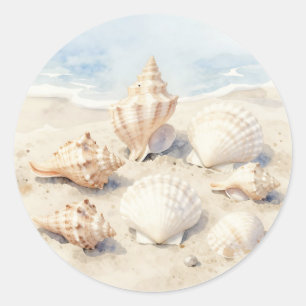 Watercolor Seashells Beach Scene Classic Round Sticker