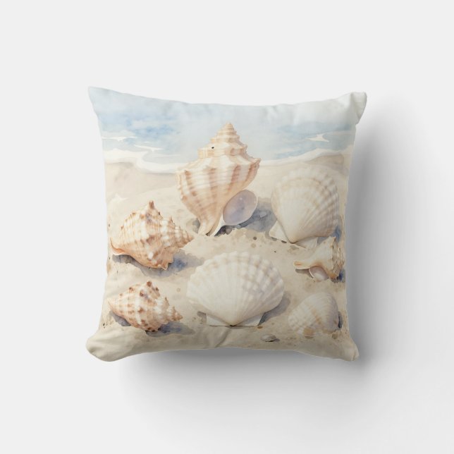Watercolor Seashells Beach Scene Cushion (Front)