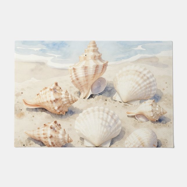 Watercolor Seashells Beach Scene Doormat (Front)