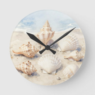 Watercolor Seashells Beach Scene Round Clock