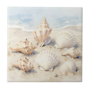 Watercolor Seashells Beach Scene Tile