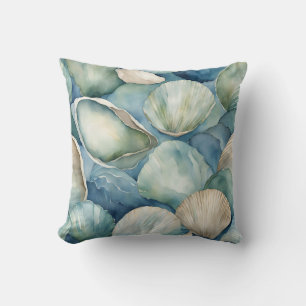 Watercolor SeaShells Blue Beige Coastal Cushion