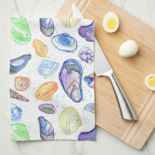 Watercolor Seashells Clam Oyster Tea Towel