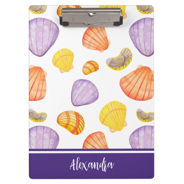 Watercolor Seashells Clipboard with Name (Front)