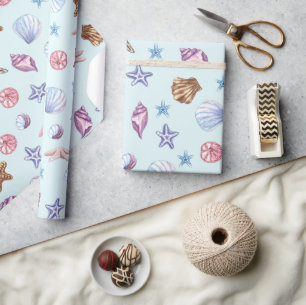Watercolor Seashells Marine Life Light Blue  Wrapping Paper