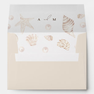 Watercolor Seashells Monogram Boho Coastal Wedding Envelope