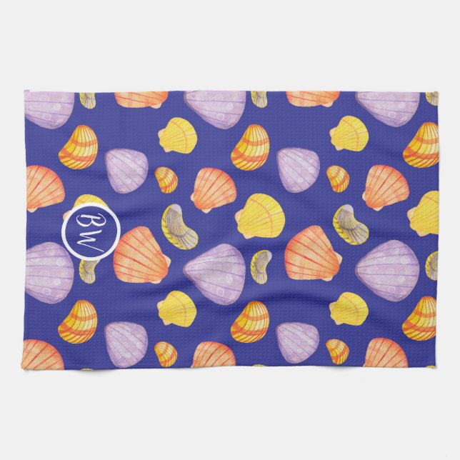 Watercolor Seashells Monogram Kitchen Towels (Horizontal)