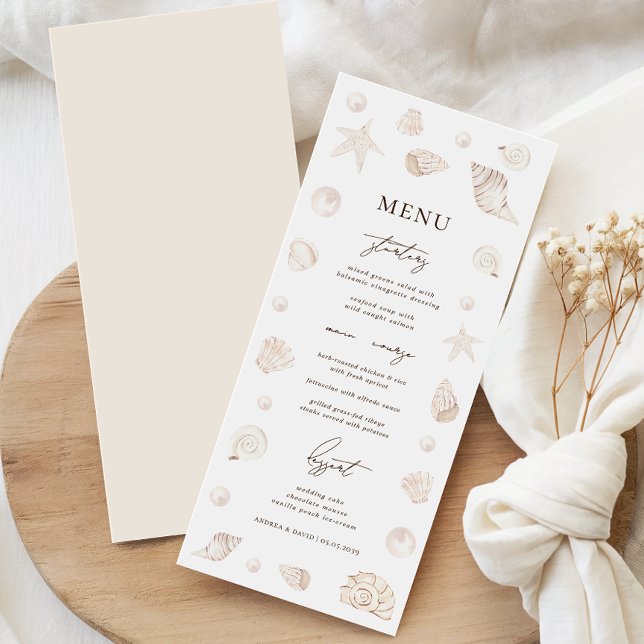 Watercolor Seashells Pearls Beach Nautical Wedding Menu (Creator Uploaded)