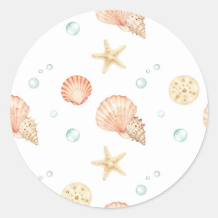 Watercolor Seashells Pearls Coastal Pattern Classic Round Sticker
