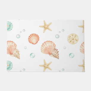 Watercolor Seashells Pearls Coastal Pattern Doormat