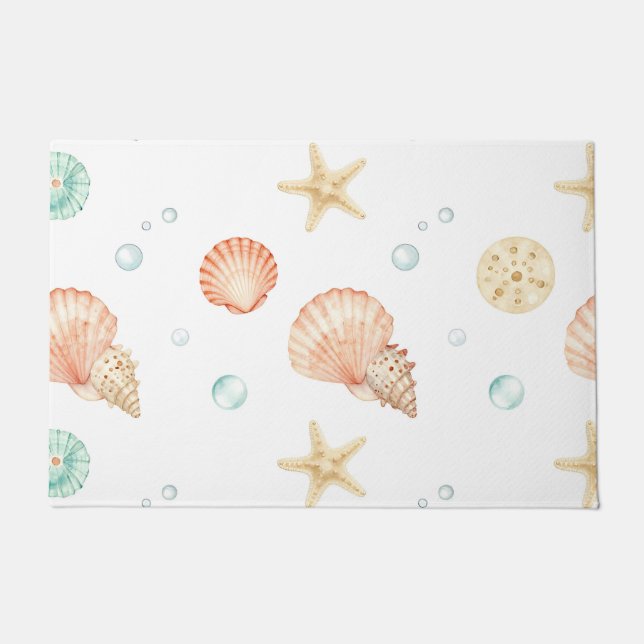 Watercolor Seashells Pearls Coastal Pattern Doormat (Front)