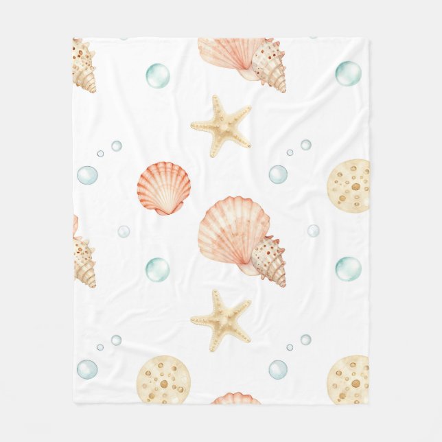 Watercolor Seashells Pearls Coastal Pattern Fleece Blanket (Front)