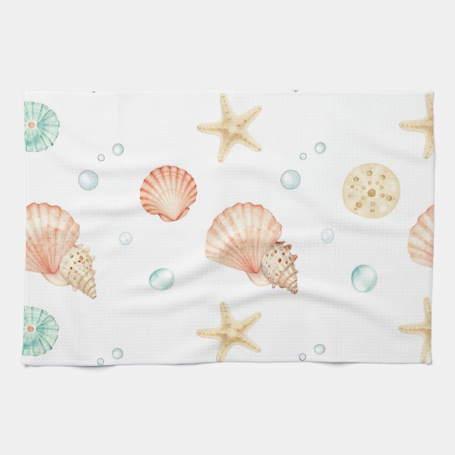 Watercolor Seashells Pearls Coastal Pattern Tea Towel (Horizontal)