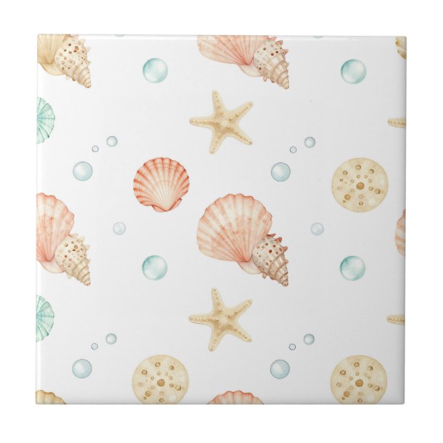 Watercolor Seashells Pearls Coastal Pattern Tile (Front)