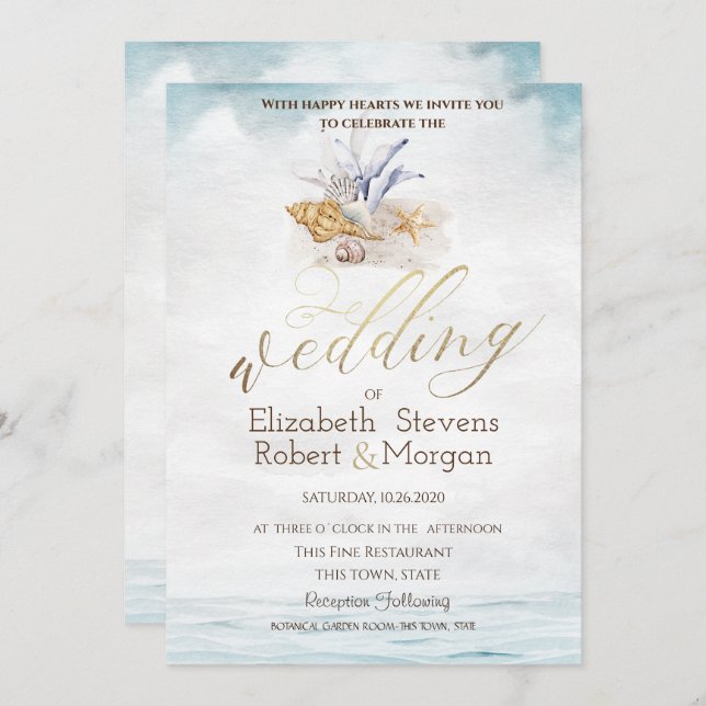 Watercolor Seashells,Sea Wedding Invitation (Front/Back)