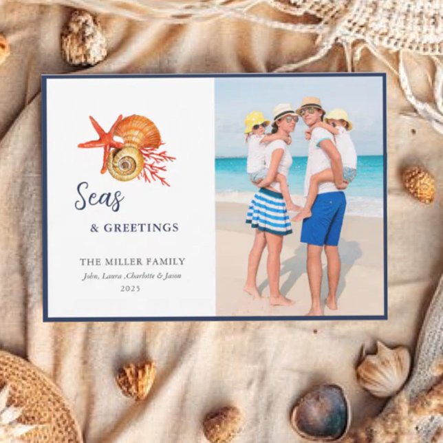 Watercolor seashells Seas and Greetings photo Holiday Card (Creator Uploaded)