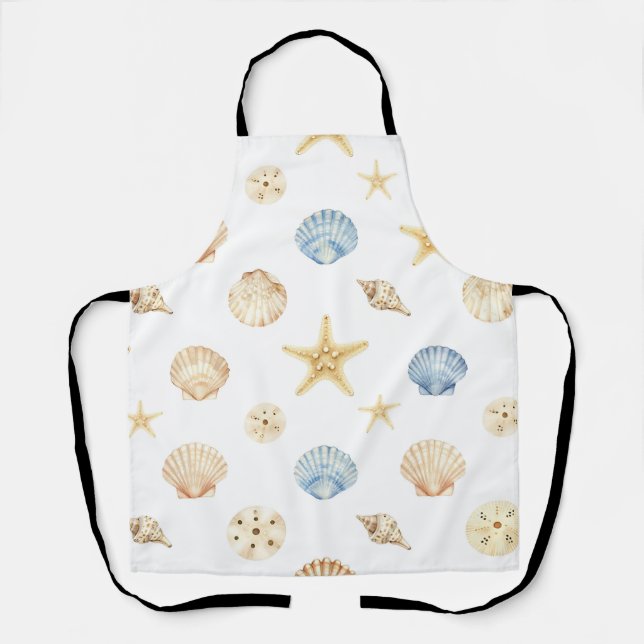 Watercolor Seashells Starfish Coastal Pattern Apron (Front)