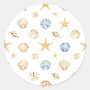 Watercolor Seashells Starfish Coastal Pattern Classic Round Sticker