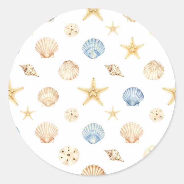 Watercolor Seashells Starfish Coastal Pattern Classic Round Sticker (Front)