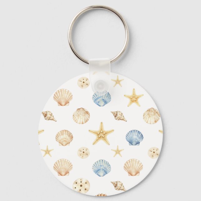 Watercolor Seashells Starfish Coastal Pattern Key Ring (Front)