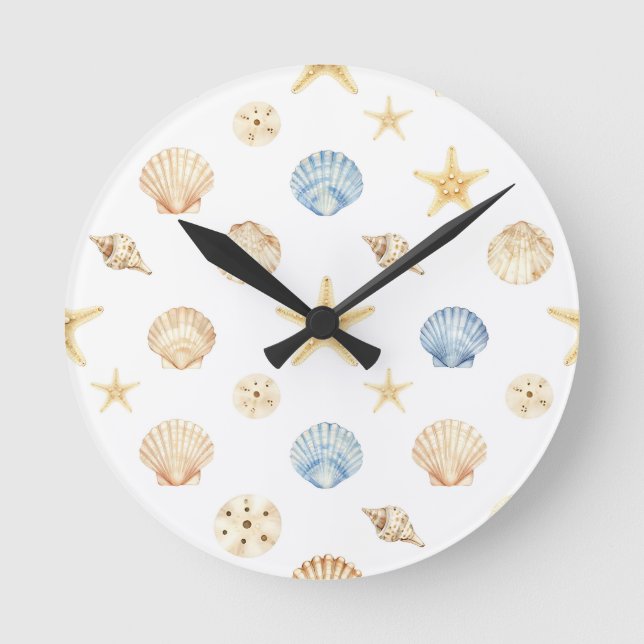Watercolor Seashells Starfish Coastal Pattern Round Clock (Front)
