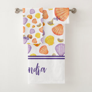 Watercolor Seashells with Name Bath Towel Set