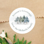 Watercolor Season's Greetings Custom Pine Trees Classic Round Sticker<br><div class="desc">This design features a Christmas gift label,  with season's greetings,  in a simple typography,  with elegant watercolor,  traditional greenery,  woodland pine trees,  a beautiful winter green forest scene,  a classic vintage,  minimal design.</div>