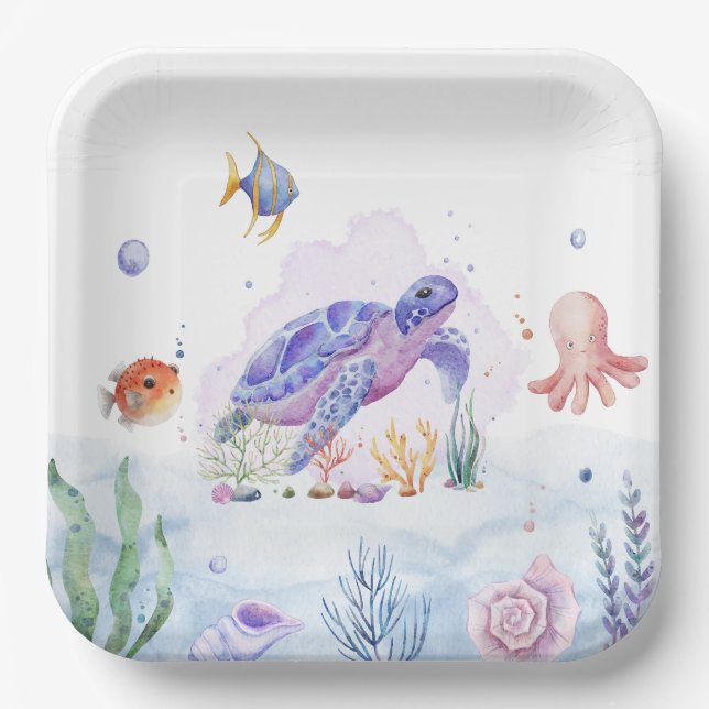Watercolor Seatrurtle Sealife Paper Plates (Front)