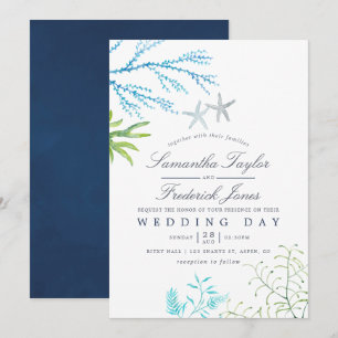 Watercolor Seaweed Beach Themed Wedding Invitation