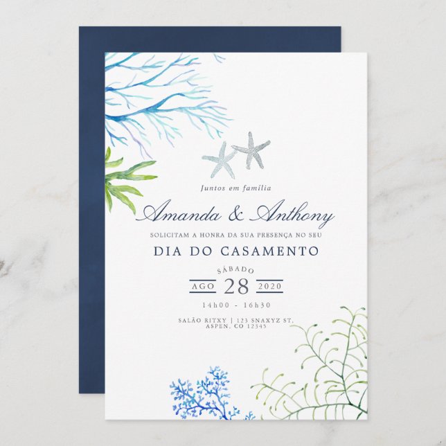 Watercolor Seaweed Beach Themed Wedding Invitation (Front/Back)