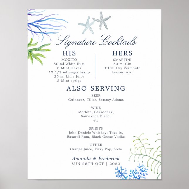 Watercolor Seaweed Beach Wedding Cocktails Menu Poster (Front)