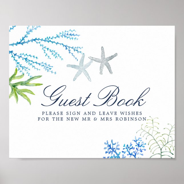 Watercolor Seaweed Beach Wedding Guest Book Sign (Front)