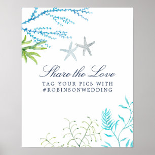 Watercolor Seaweed Beach Wedding Hashtag Poster
