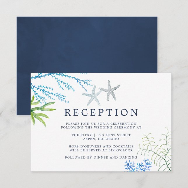 Watercolor Seaweed Beach Wedding Reception Invitation (Front/Back)