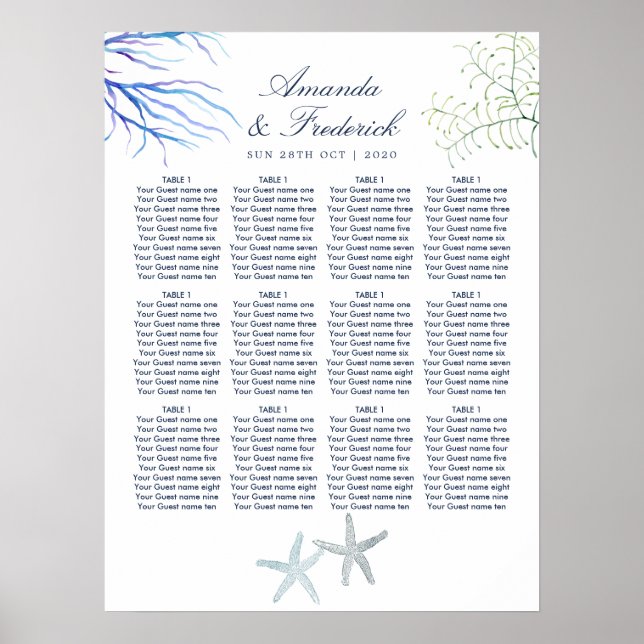 Watercolor Seaweed Beach Wedding Seating Chart (Front)