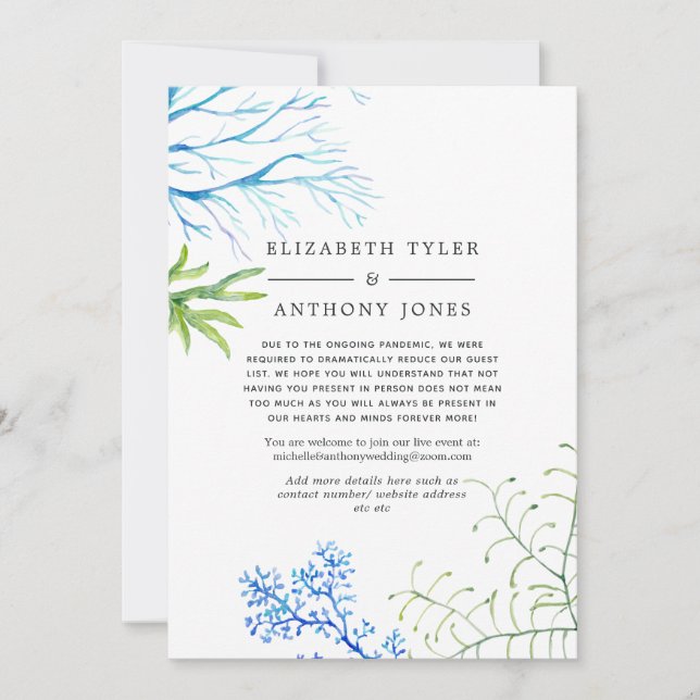Watercolor Seaweed Wedding Reduced Guest List Announcement (Front)