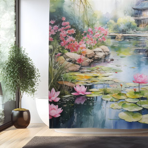 Watercolor Secret Garden Pond Shower Curtain
