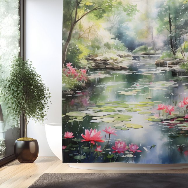 Watercolor Secret Garden Pond Shower Curtain (Creator Uploaded)