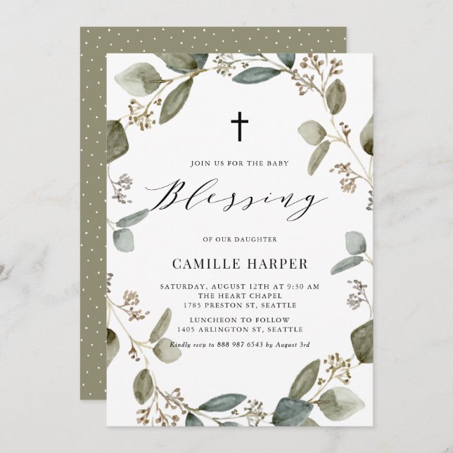 Watercolor Seeded Eucalyptus Wreath Baby Blessing Invitation (Front/Back)