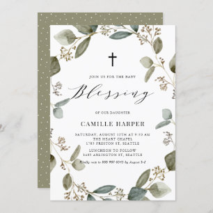 Watercolor Seeded Eucalyptus Wreath Baby Blessing Invitation