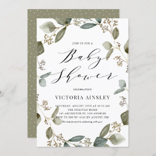 Watercolor Seeded Eucalyptus Wreath Baby Shower Invitation