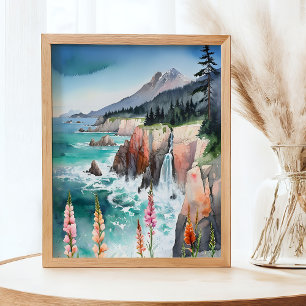 Watercolor Serene Coastal Landscape Wildflower Poster