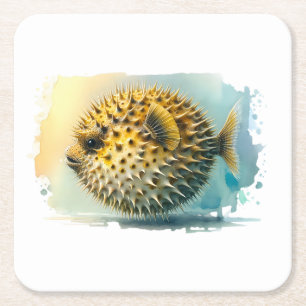 Watercolor Series: Blowfish Square Paper Coaster
