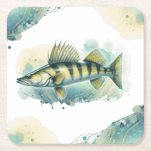 Watercolor Series: Zander/Walleye Square Paper Coaster (Front)