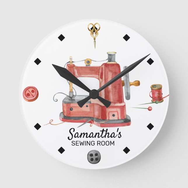 Watercolor Sewing Machine Alterations Personalised Round Clock (Front)