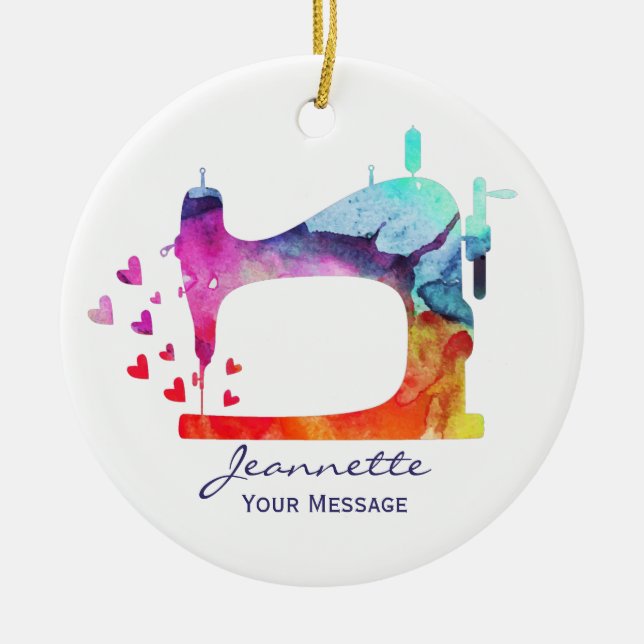 Watercolor Sewing Machine Ceramic Tree Decoration (Front)